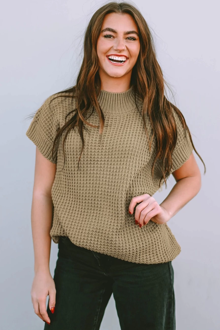 Shewin Women's Light French Beige Textured Ribbed Mock Neck Knit Sweater