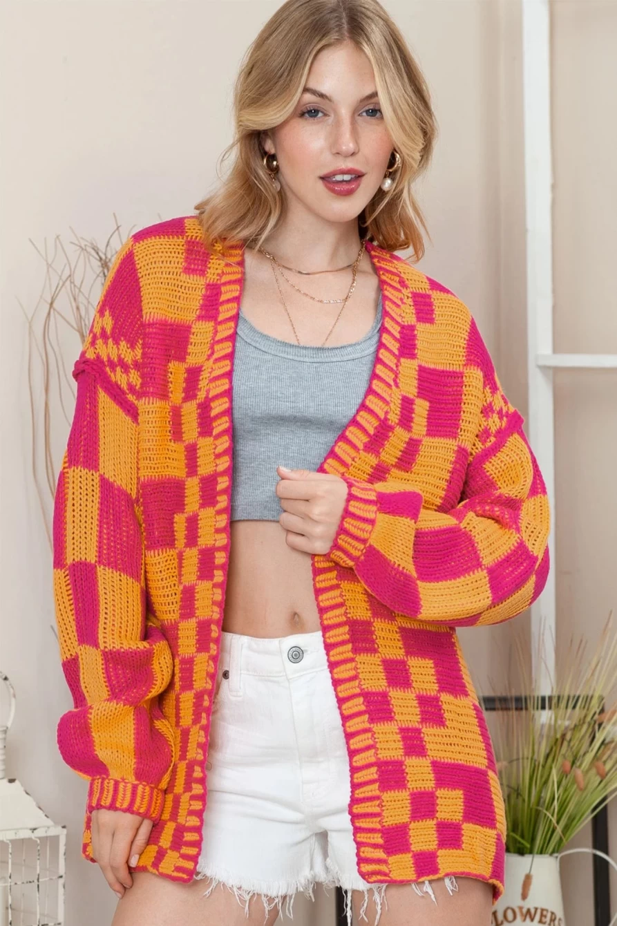 Shewin Women's Multicolor Colorblock Checked Knit Cardigan Open Front Sweater