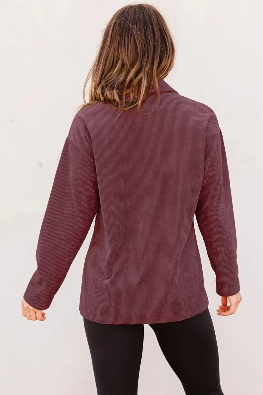 Shewin Women's Brown Corduroy Shacket with Plum Buttons & Patch Pockets
