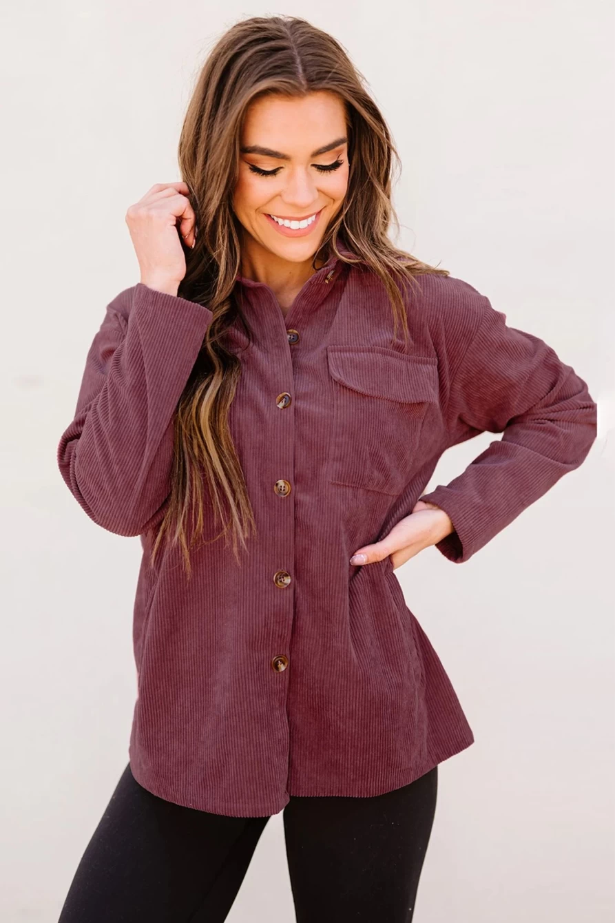 Shewin Women's Brown Corduroy Shacket with Plum Buttons & Patch Pockets