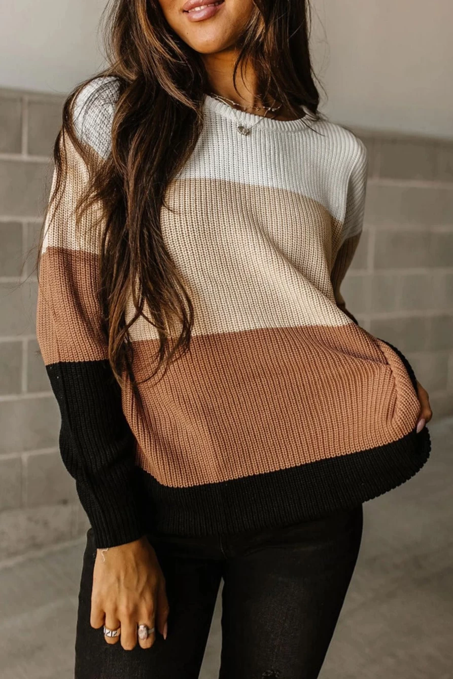 Shewin Women's Parchment Color Block Knit Pullover Sweater Casual Comfortable