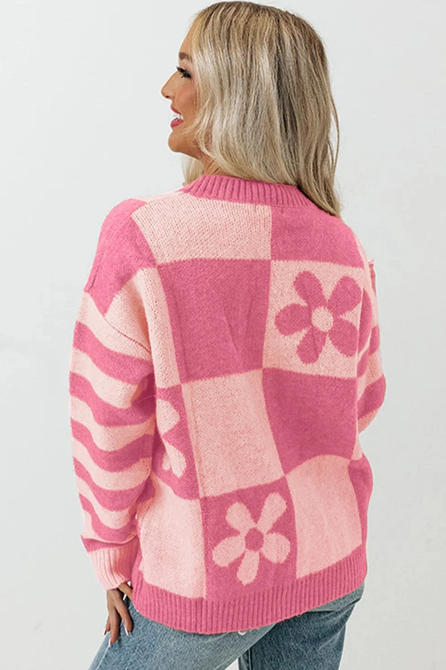 "SheWin Women's Strawberry Pink Checkered Striped Knit Pullover Sweater"