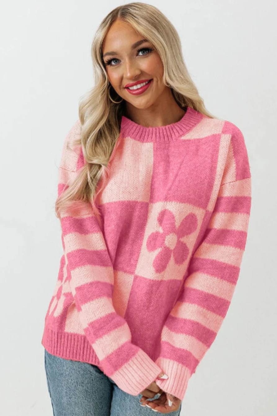 "SheWin Women's Strawberry Pink Checkered Striped Knit Pullover Sweater"