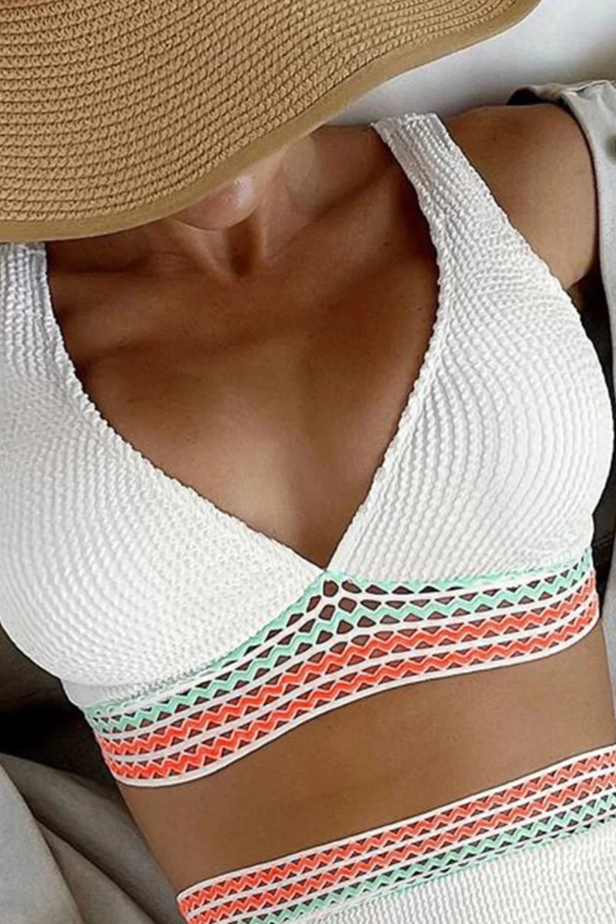 Shewin Women's High Waist Bikini Set - White Stripe Textured Two Piece Swimsuit