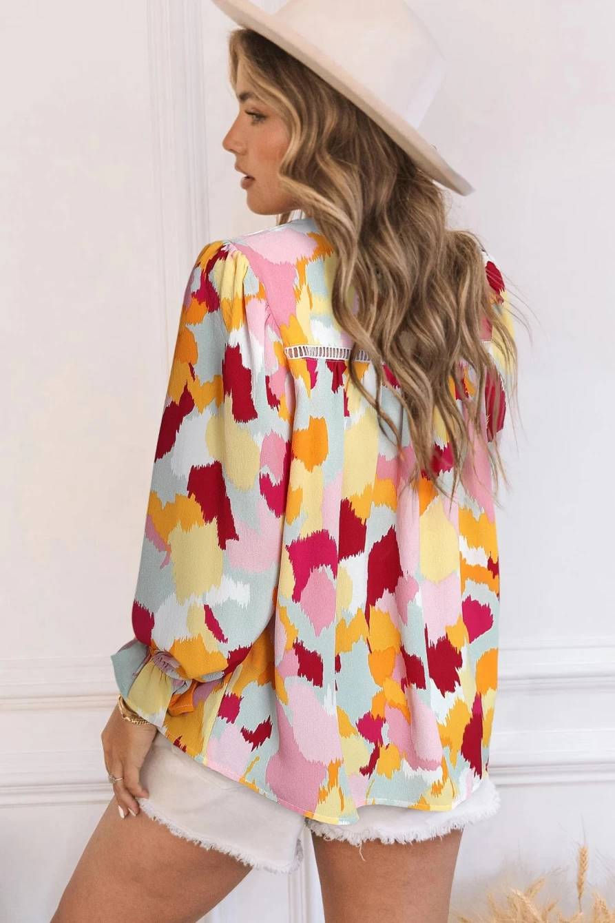"Shewin Women's Multicolor Bohemian Abstract Print Puff Sleeve Blouse"