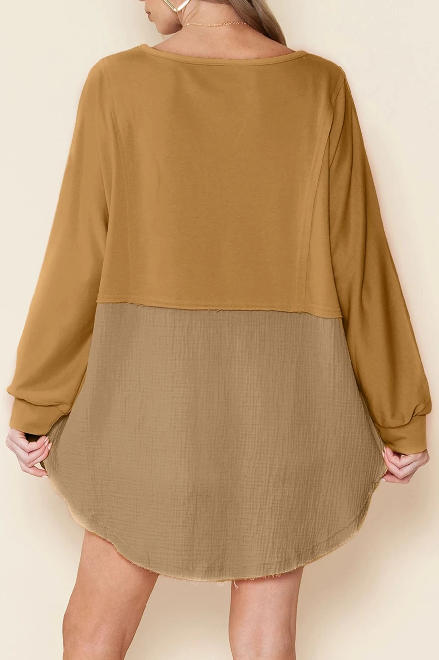 Shewin Women's Camel Oversized Blouse with Crinkled Patchwork Detail & Raw Hem