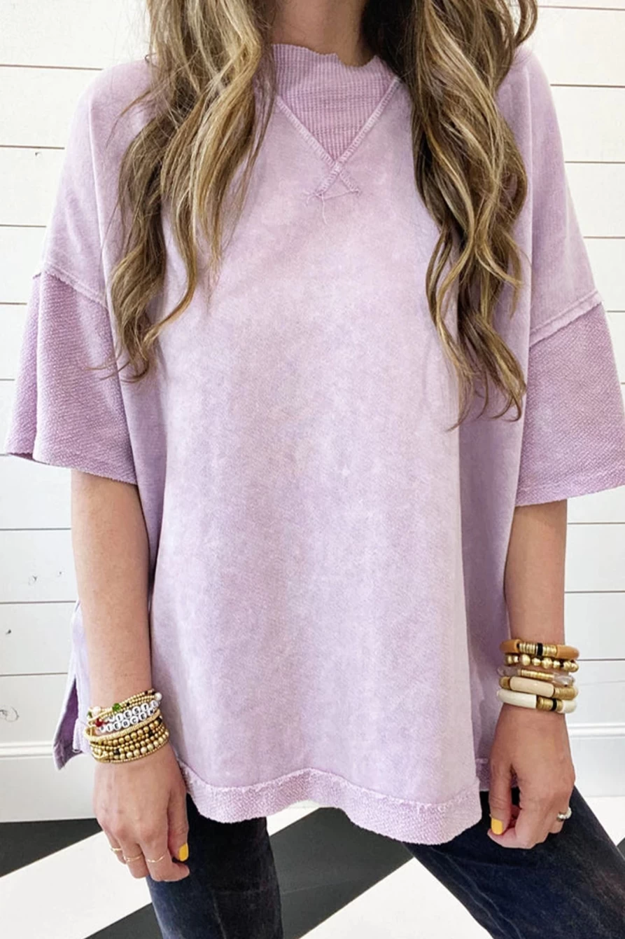 Shewin Women's Orchid Petal Oversized Tee with Mineral Wash and Exposed Seam Detail