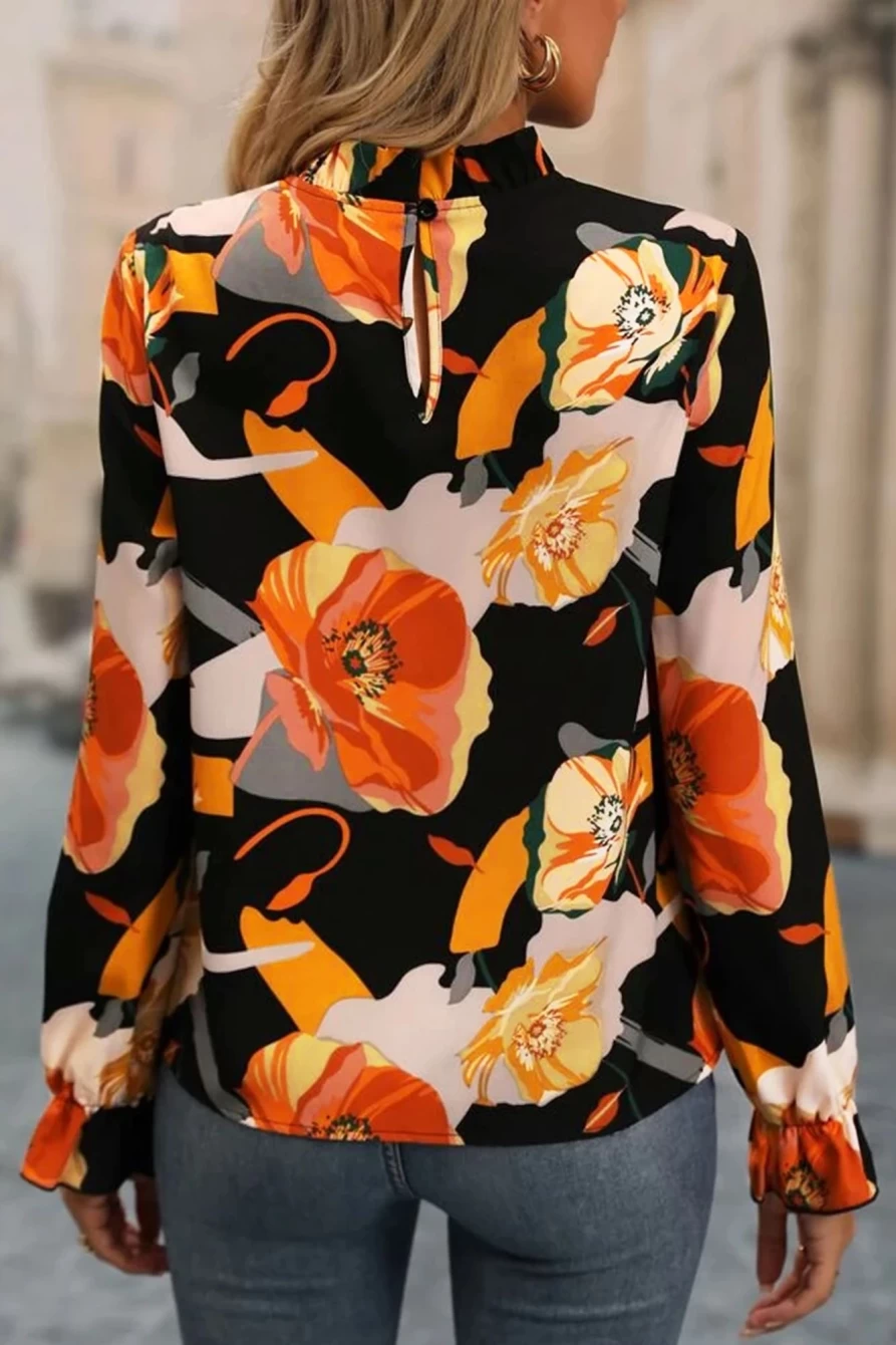 Shewin Women's Black Floral Ruffle Neck Blouse - Elegant Frilled Top