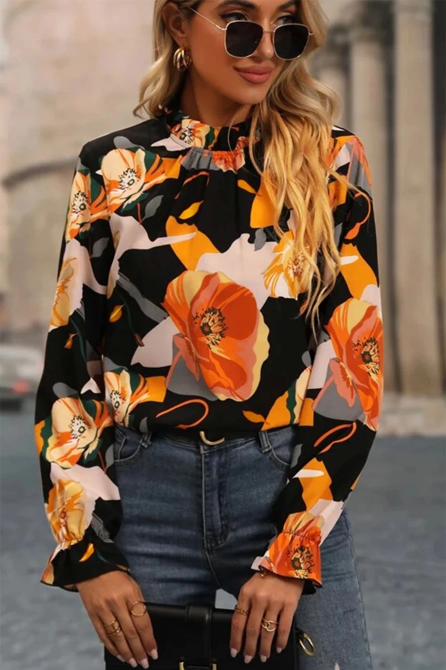 Shewin Women's Black Floral Ruffle Neck Blouse - Elegant Frilled Top