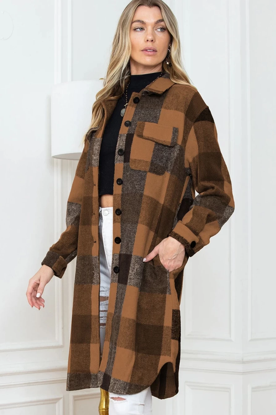 Women's Shewin Chestnut Plaid Long Shacket with Button Down Flap Pockets