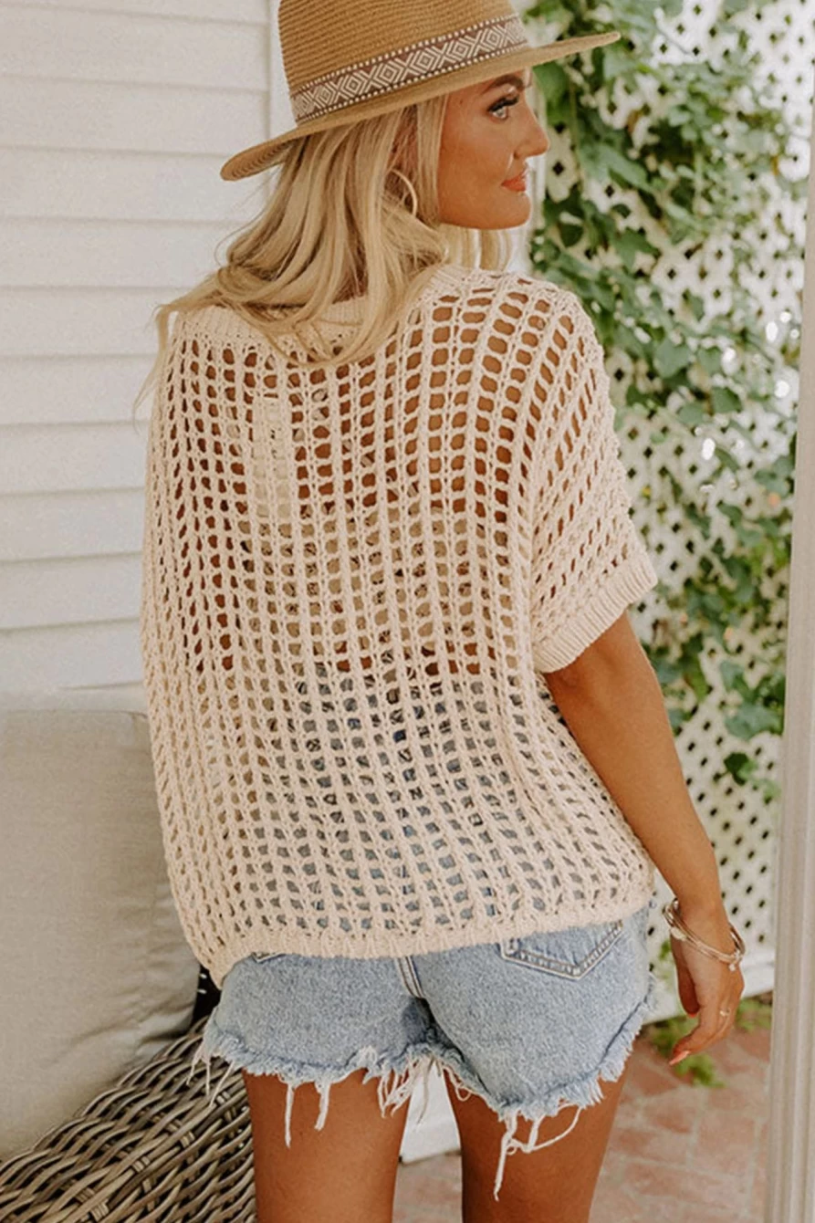 Shewin Women's Apricot Fishnet Knit Ribbed Round Neck Short Sleeve Tee Top
