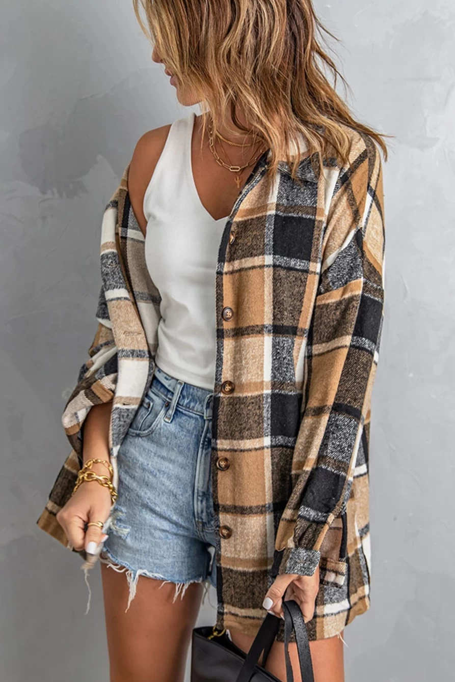 Women's Yellow Flannel Shacket - Shewin Plaid Long Sleeve Button Up Shirt Jacket