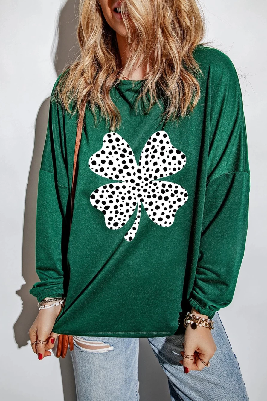 Shewin Women's Green Leopard Clover Graphic Drop Sleeve Crewneck T-Shirt