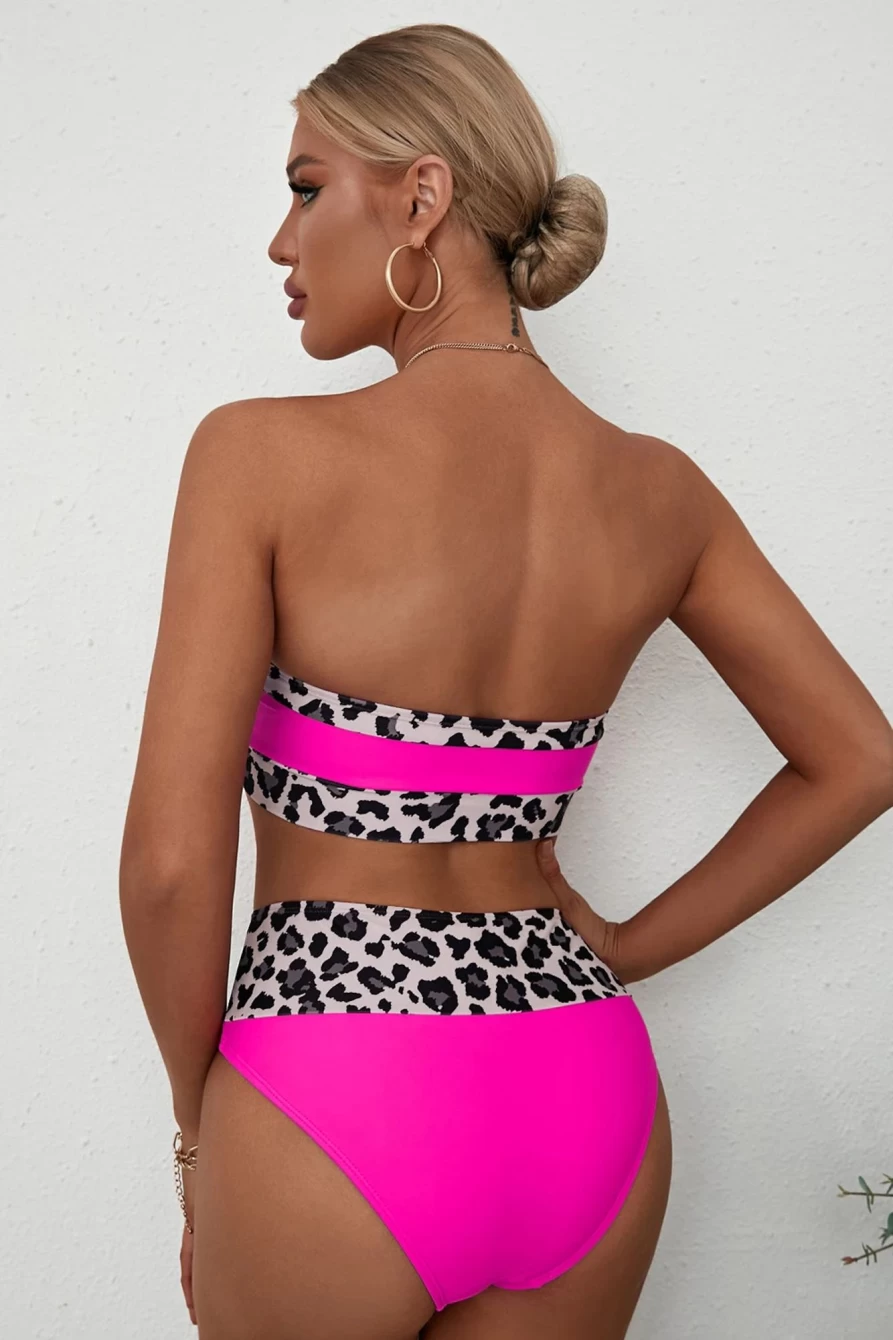 Shewin Women's Leopard Print Bandeau Bikini - Sexy Neon Pink Swimwear