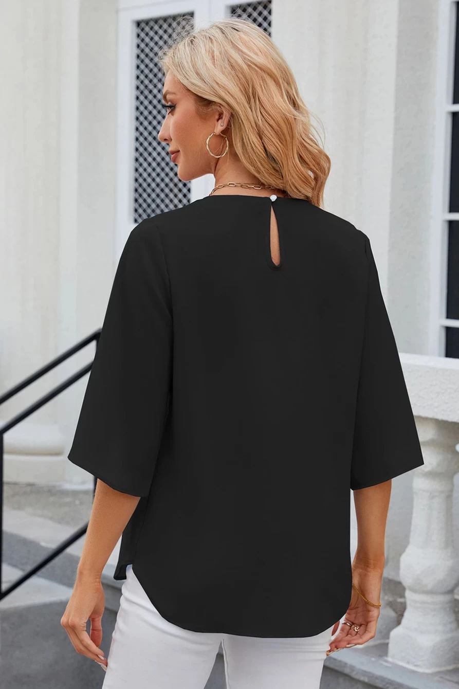 Shewin Women's Black Chiffon Blouse - Half Sleeve Solid Color Loose Fit Top