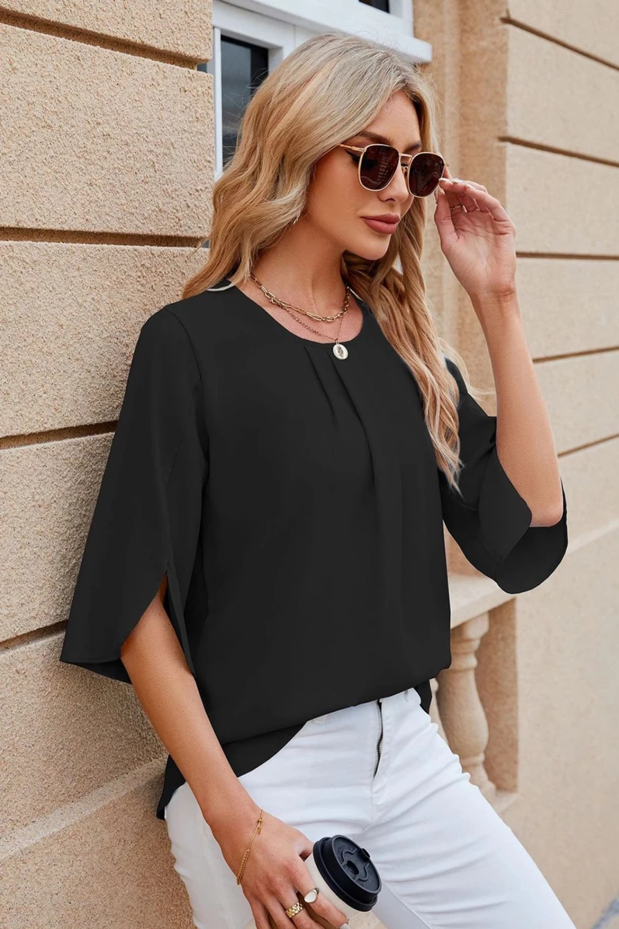 Shewin Women's Black Chiffon Blouse - Half Sleeve Solid Color Loose Fit Top
