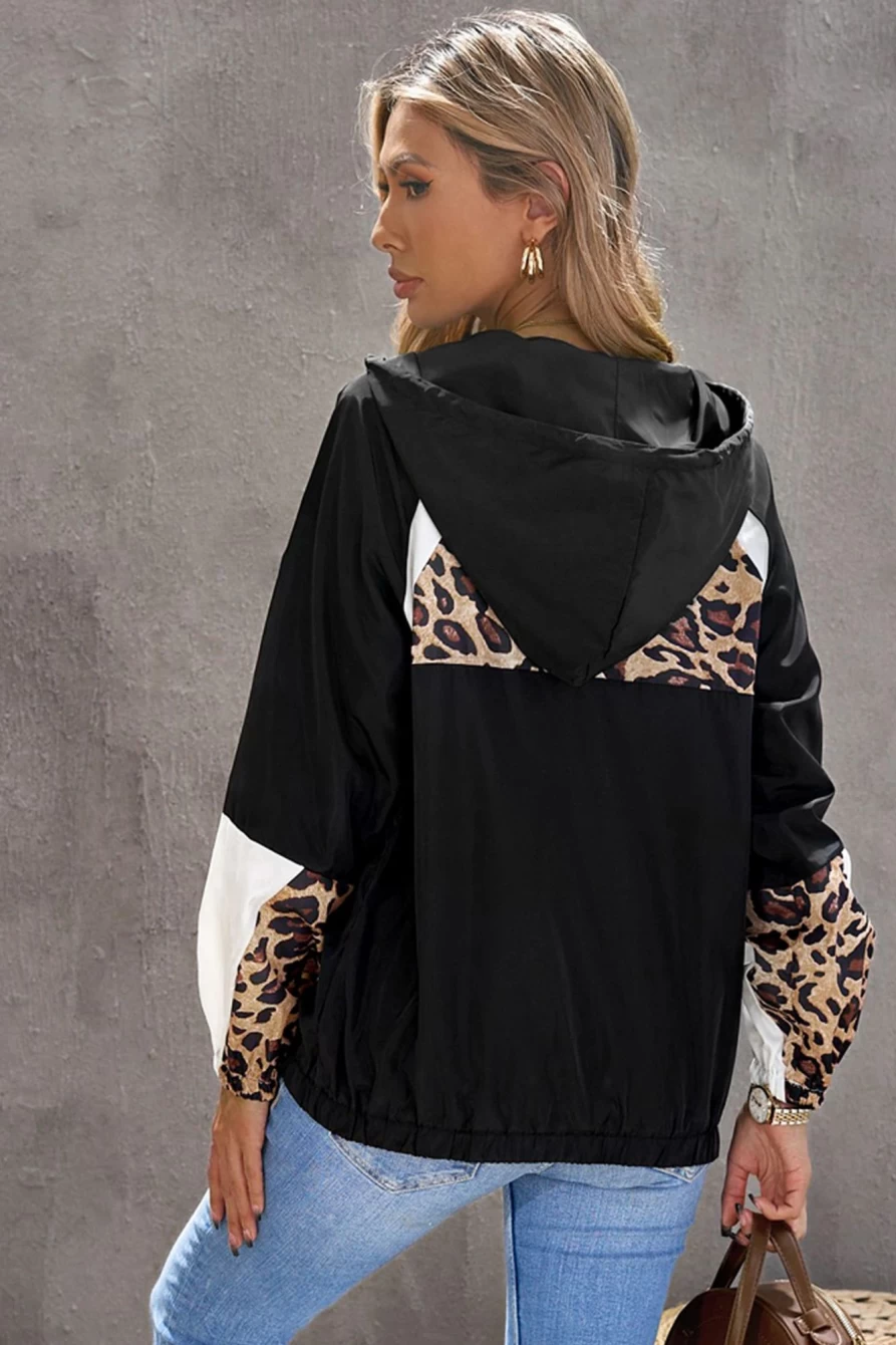 Shewin Women's Black Leopard Print Quarter Zip Color Block Hoodie