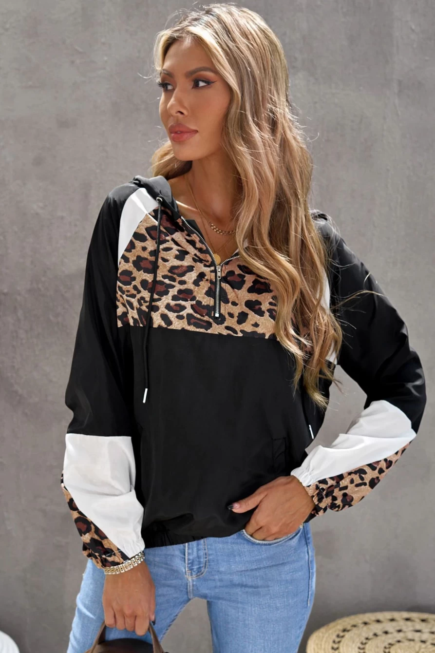 Shewin Women's Black Leopard Print Quarter Zip Color Block Hoodie