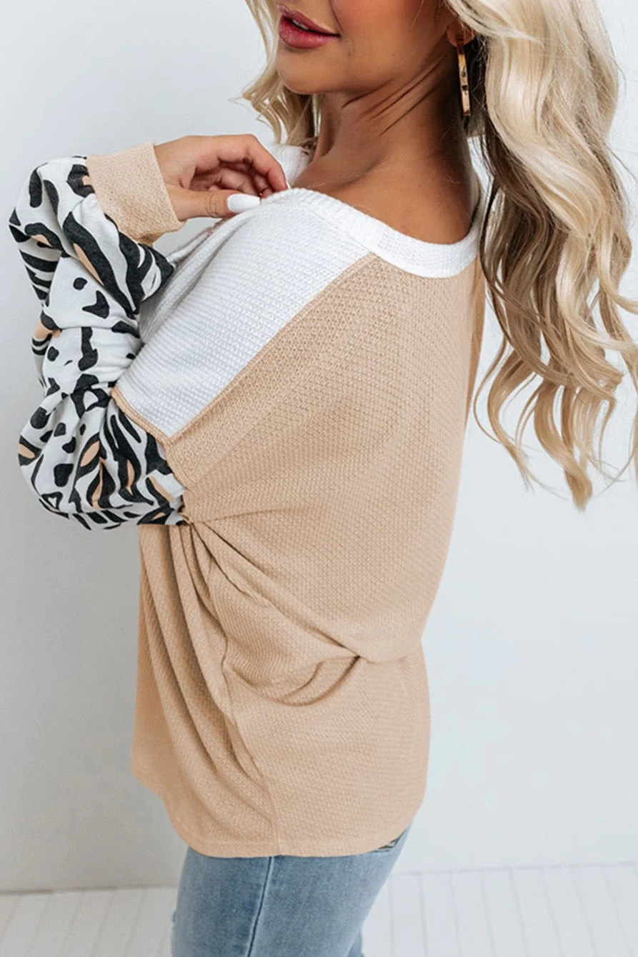 Shewin Women's Parchment Waffle Knit Henley Top with Leopard Sleeve Patchwork Design
