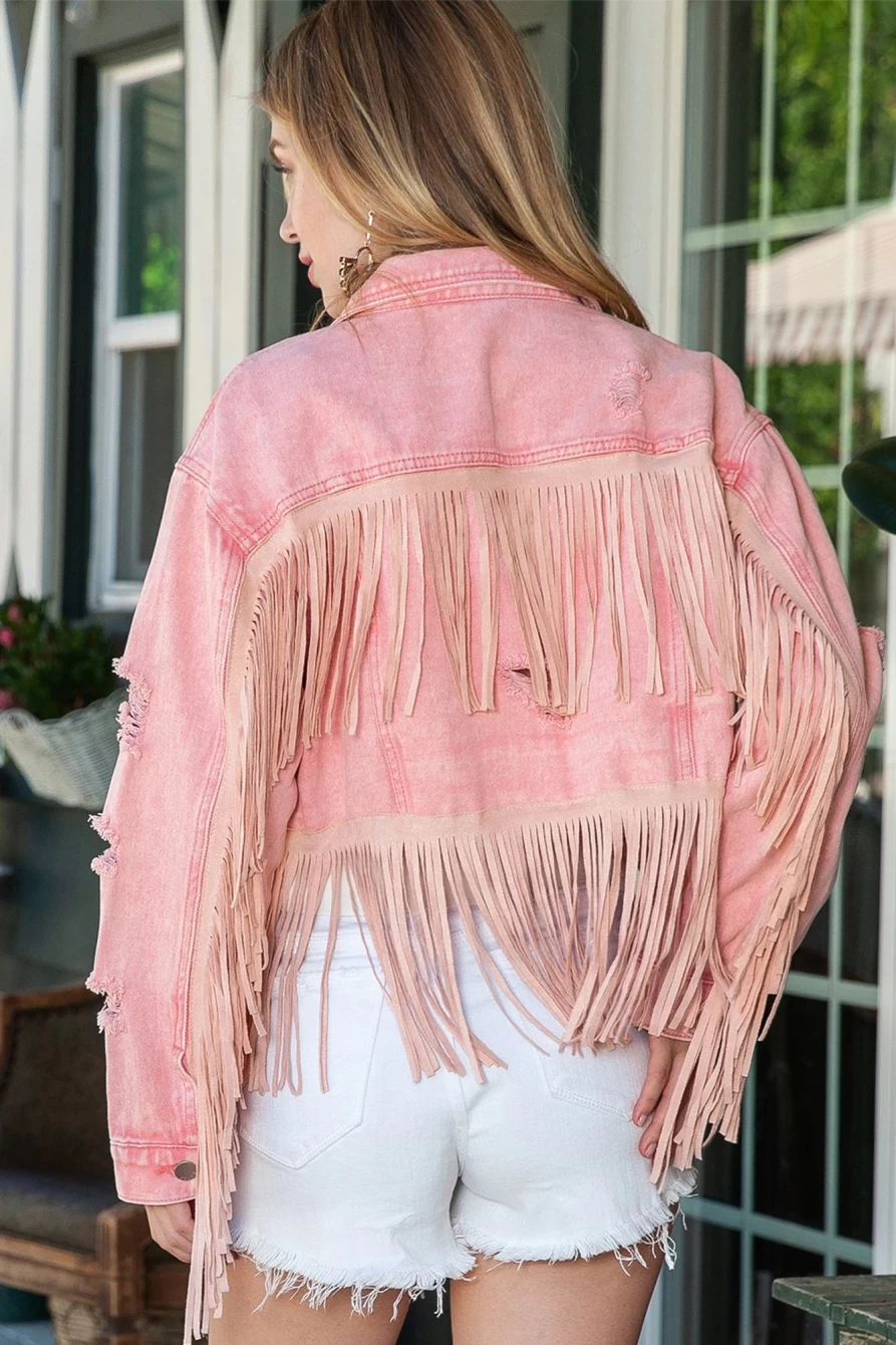 "SheWin Women's Pink Distressed Cropped Denim Jacket with Ripped Fringe Hem"