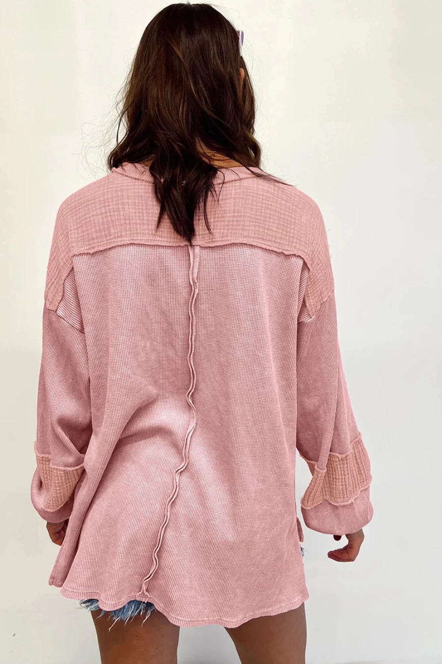 Shewin Women's Pink Waffle & Crinkle Patchwork Long Sleeve Top