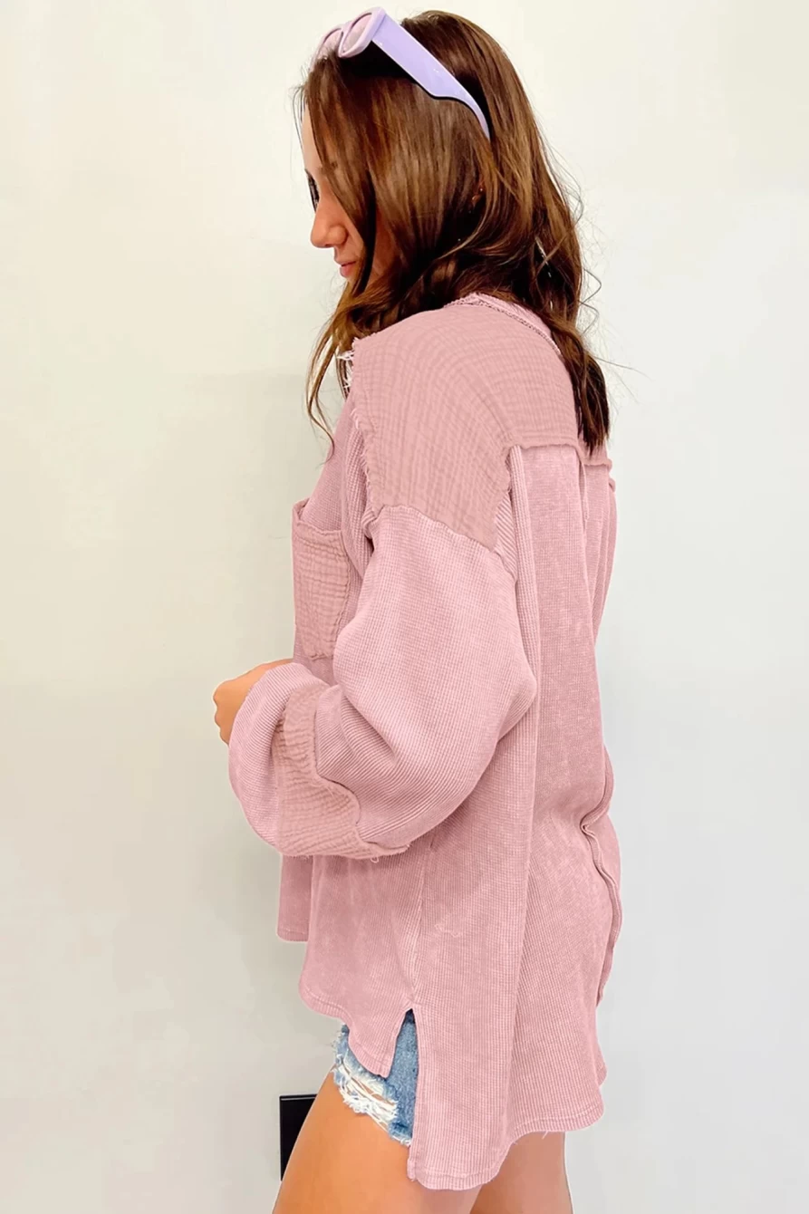 Shewin Women's Pink Waffle & Crinkle Patchwork Long Sleeve Top