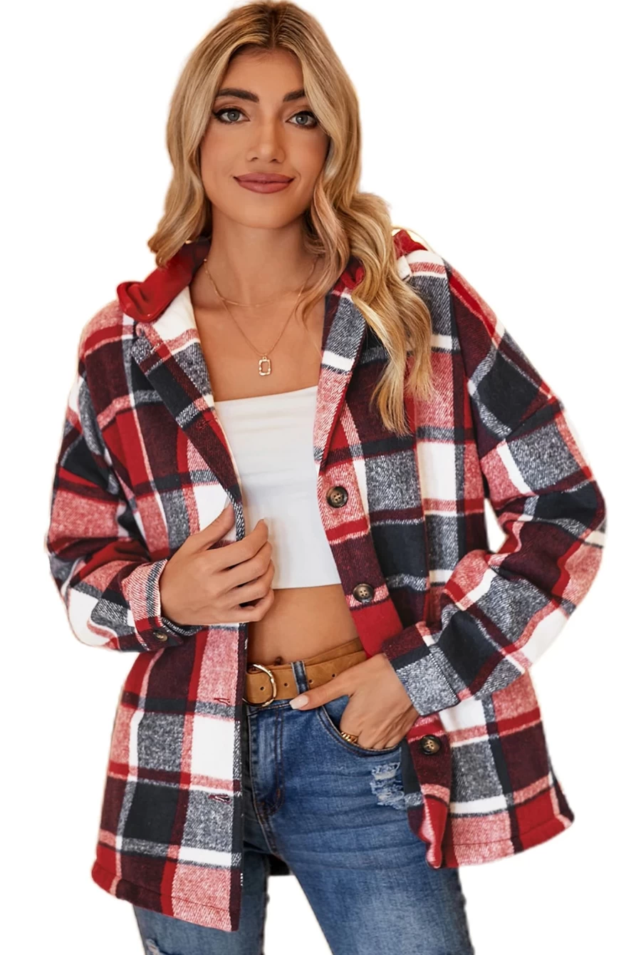 Women's Red Plaid Button-Front Hooded Shacket by Shewin - Stylish & Comfortable Outerwear