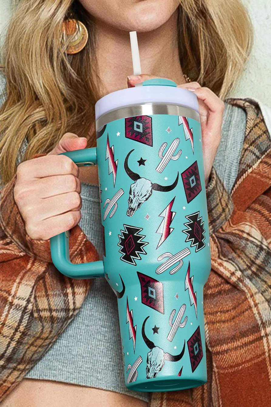 Shewin Light Blue Geometric Print Stainless Steel Vacuum Insulated Water Bottle 1200ml for Women