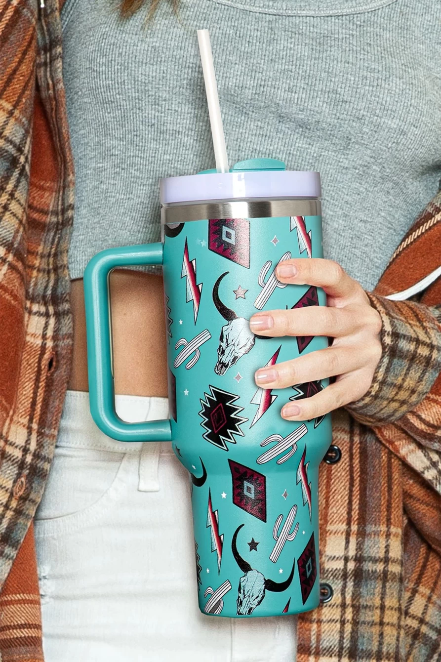 Shewin Light Blue Geometric Print Stainless Steel Vacuum Insulated Water Bottle 1200ml for Women