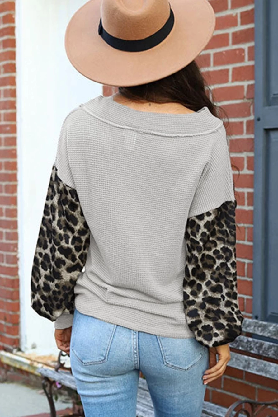Shewin Women's Red Leopard Print V-Neck Waffle Knit Long Sleeve Top