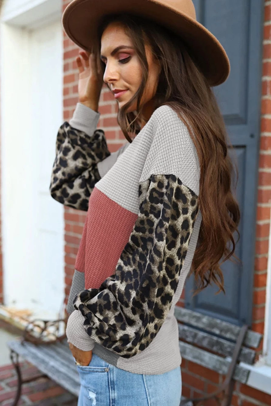 Shewin Women's Red Leopard Print V-Neck Waffle Knit Long Sleeve Top