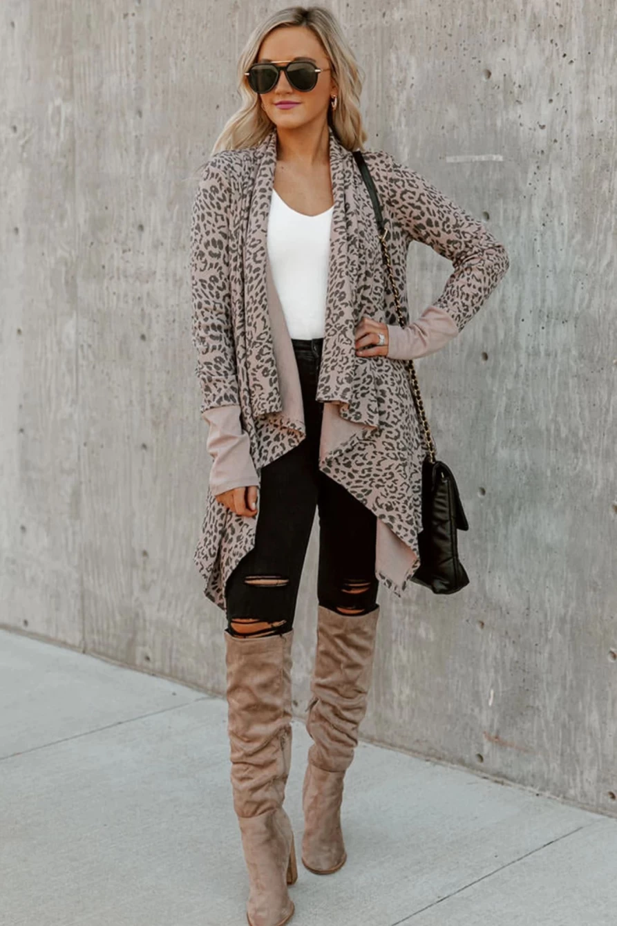 Shewin Women's Leopard Print Cowl Neck Open Front Long Cardigan