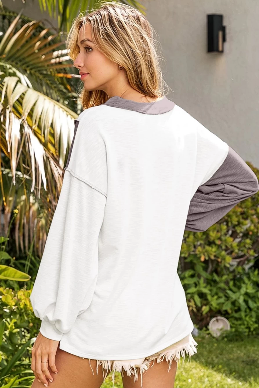 Shewin Women's White Color Block V Neck Long Sleeve Top with Exposed Seams