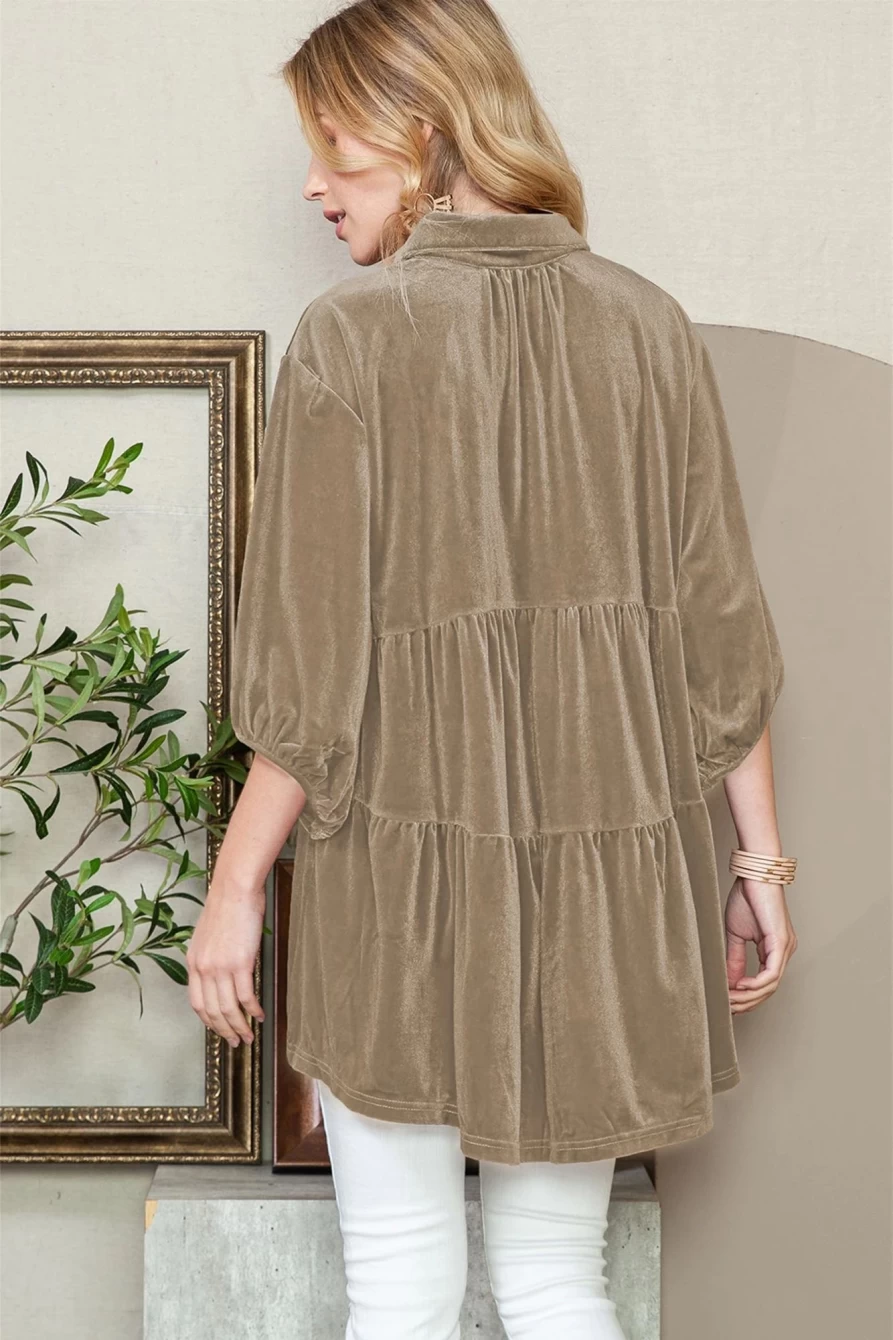 Shewin Women's Apricot Khaki Velvet Tunic Top with Lantern Sleeves - Babydoll Shirt