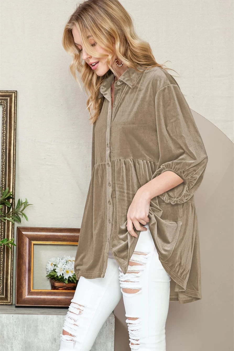 Shewin Women's Apricot Khaki Velvet Tunic Top with Lantern Sleeves - Babydoll Shirt