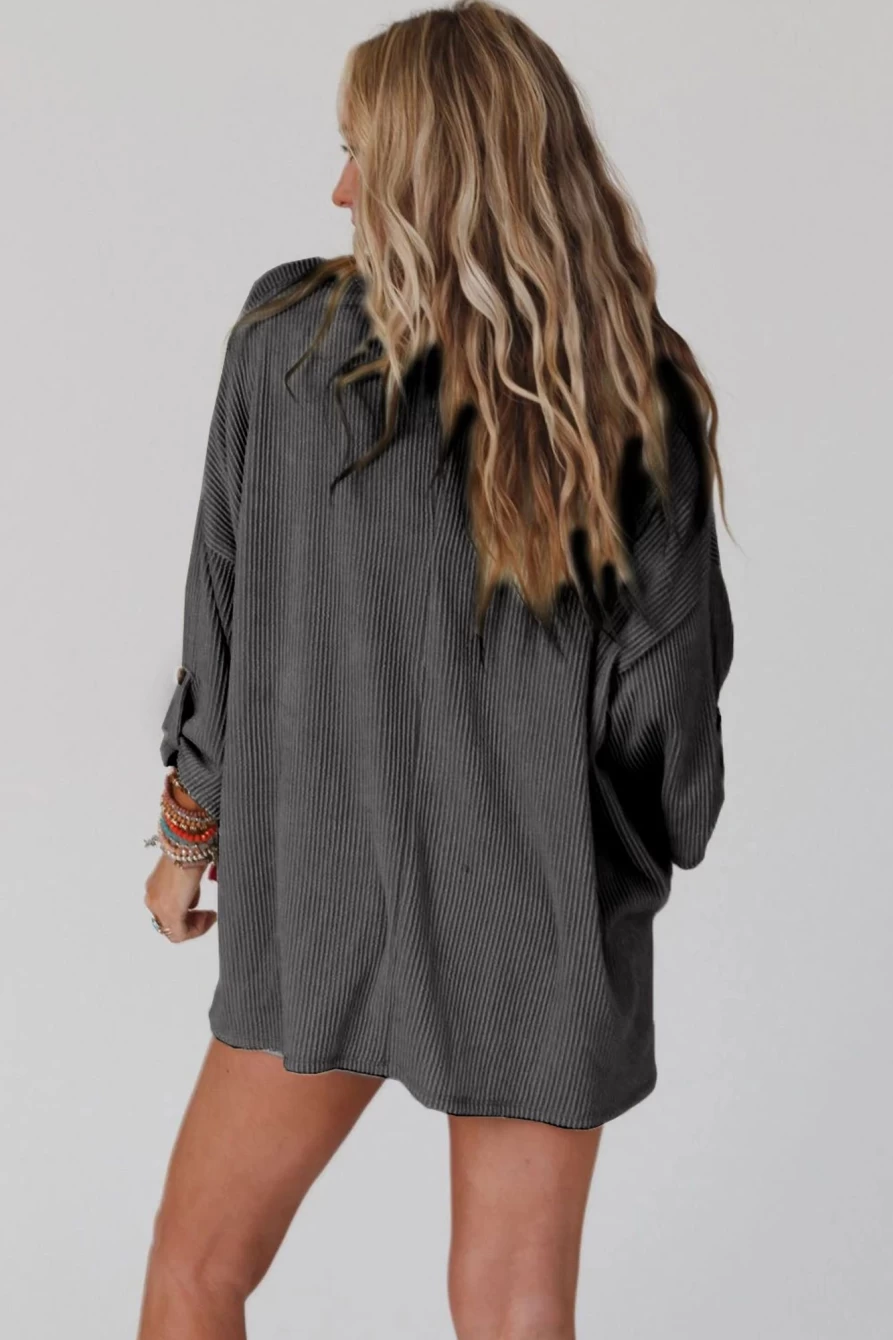 Shewin Women's Gray-2 Oversized Ribbed Top with Roll-Tab Sleeves and Chest Pocket