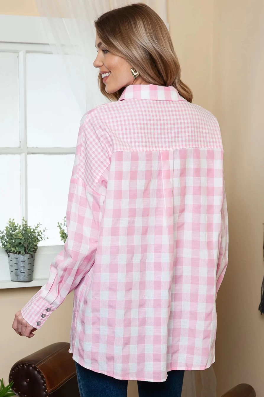 Women's Pink Mix Checked Patchwork Long Sleeve Shacket by Shewin