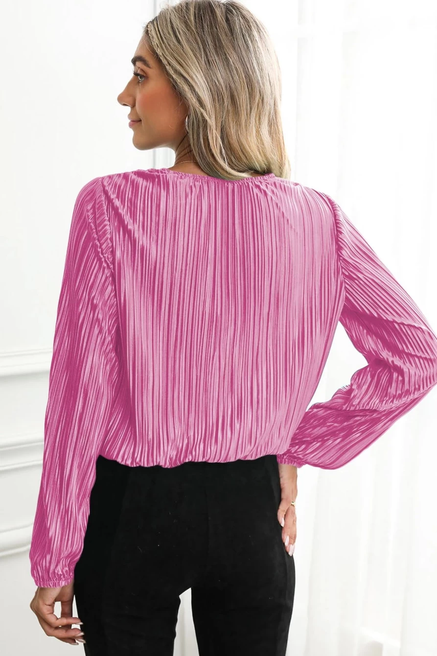 Shewin Women's Bonbon Textured Puff Sleeve Cropped Blouse - Solid Color Chic Top