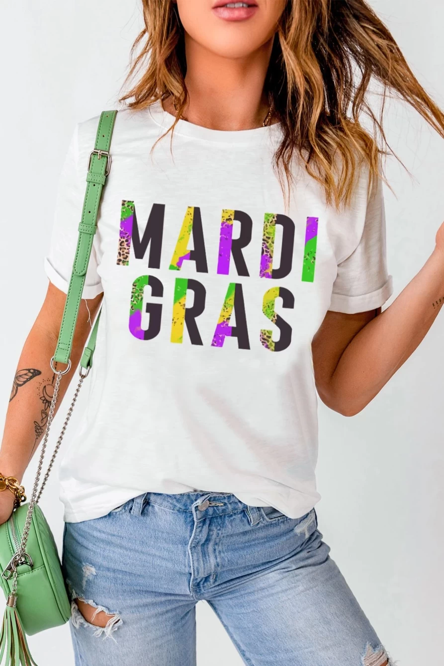 Women's White Crew Neck Mardi Gras Graphic T-Shirt by Shewin - Festive Holiday Tee
