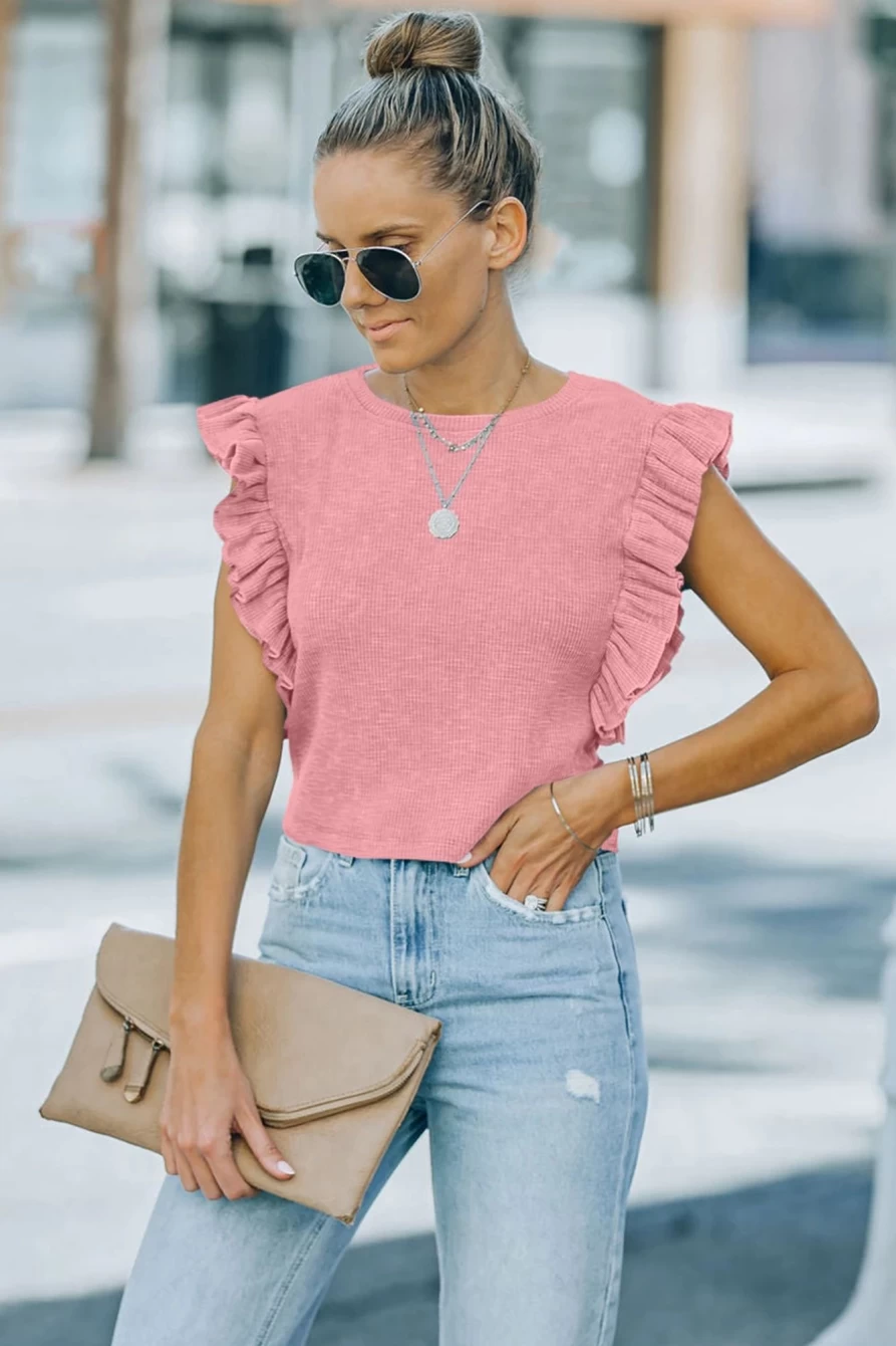 Shewin Women's Pink Ribbed Crop Top with Ruffle Sleeve Crewneck