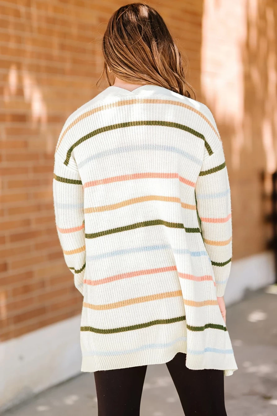 Shewin Women's Multicolor Rainbow Striped Knit Cardigan - Casual White Sweater