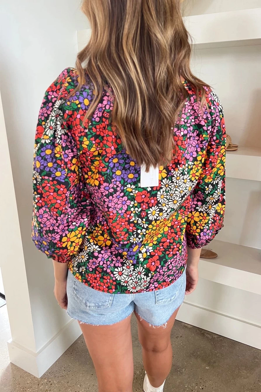 Shewin Women's Pink Boho Floral Print Bracelet Sleeve Notch V-Neck Blouse