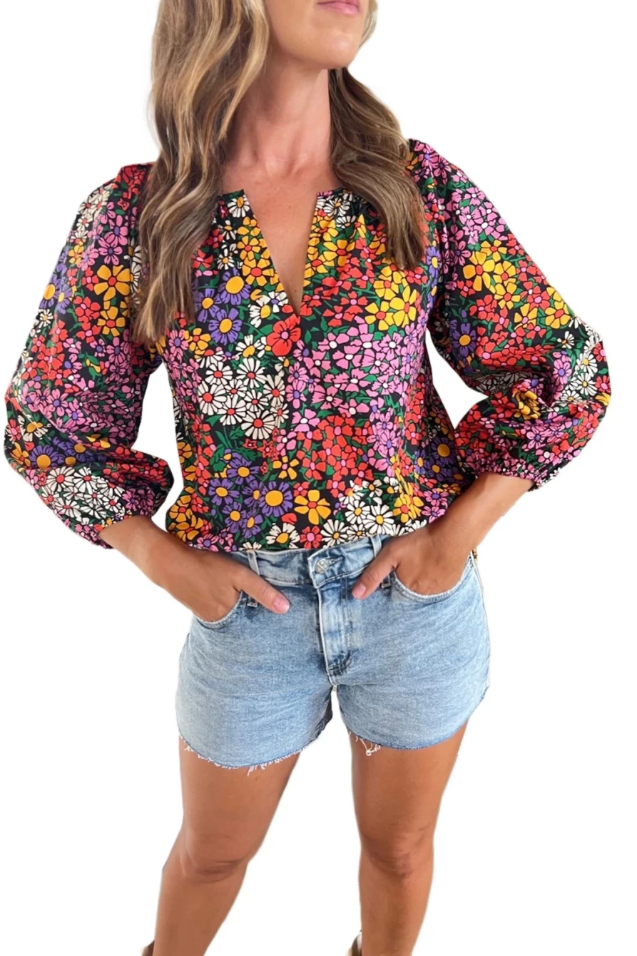 Shewin Women's Pink Boho Floral Print Bracelet Sleeve Notch V-Neck Blouse