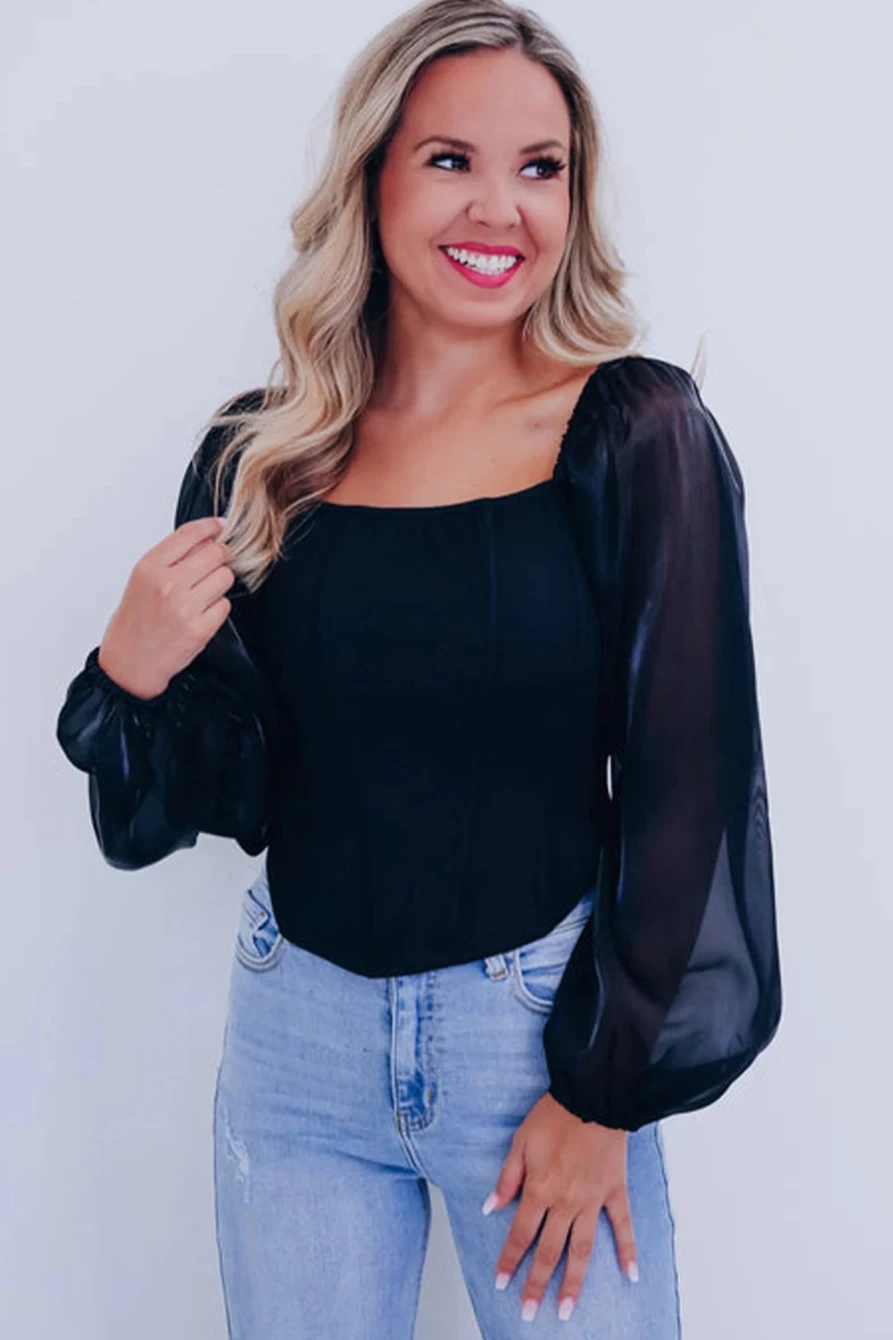 Shewin Women's Black Sheer Lantern Sleeve Square Neck Top