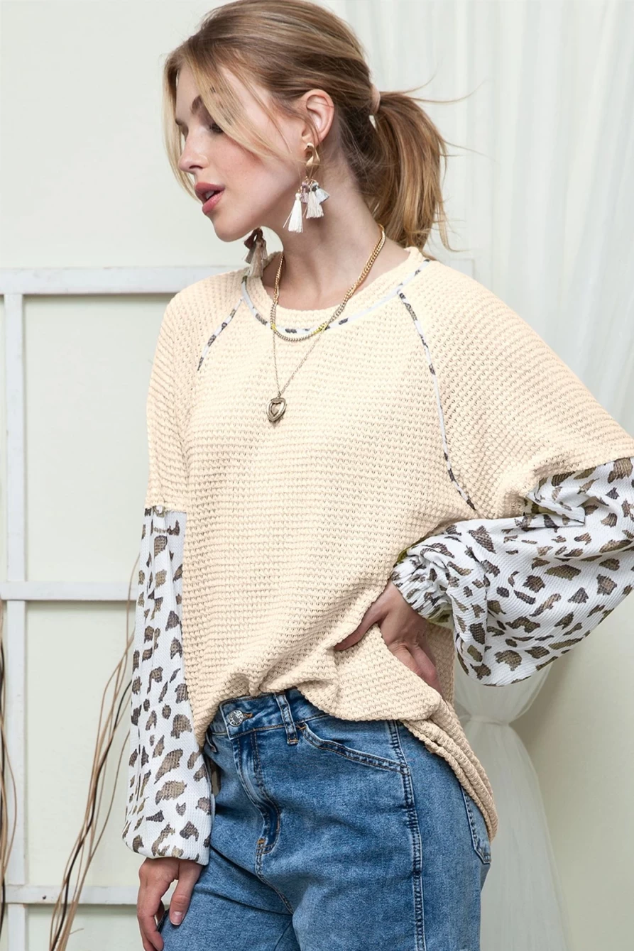 Shewin Women's Apricot Leopard Print Patchwork Waffle Knit Top with Lantern Sleeves