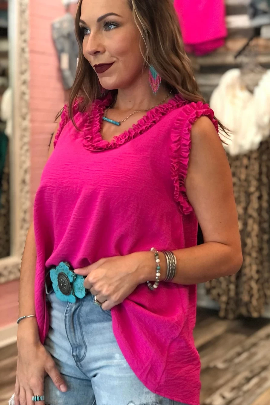 Shewin Women's Rose Casual V-Neck Sleeveless Blouse with Frilled Trim
