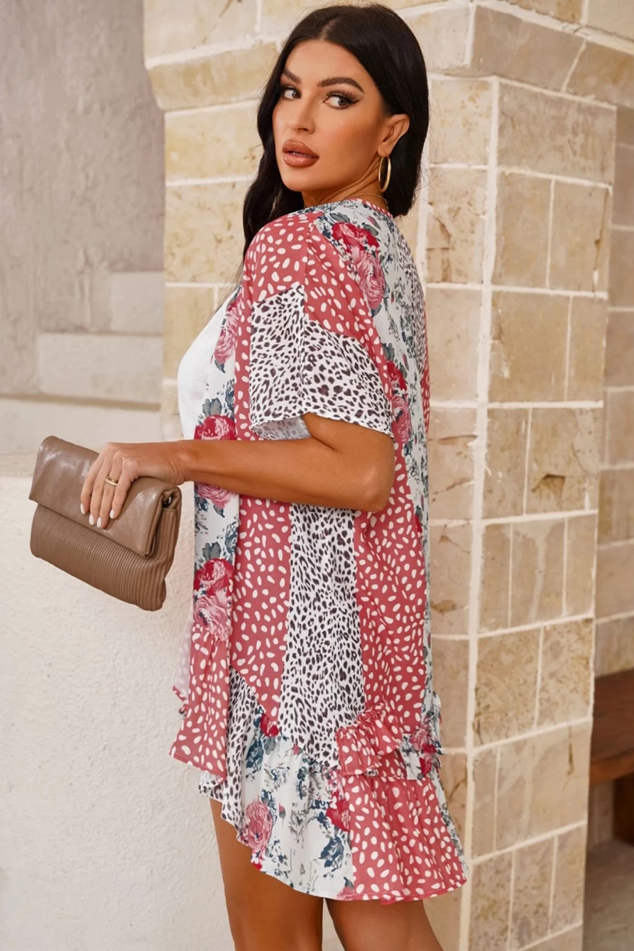 Shewin Women's Pink Wild Rose Bohemian Floral Print Kimono Cover Up Beach Loungewear