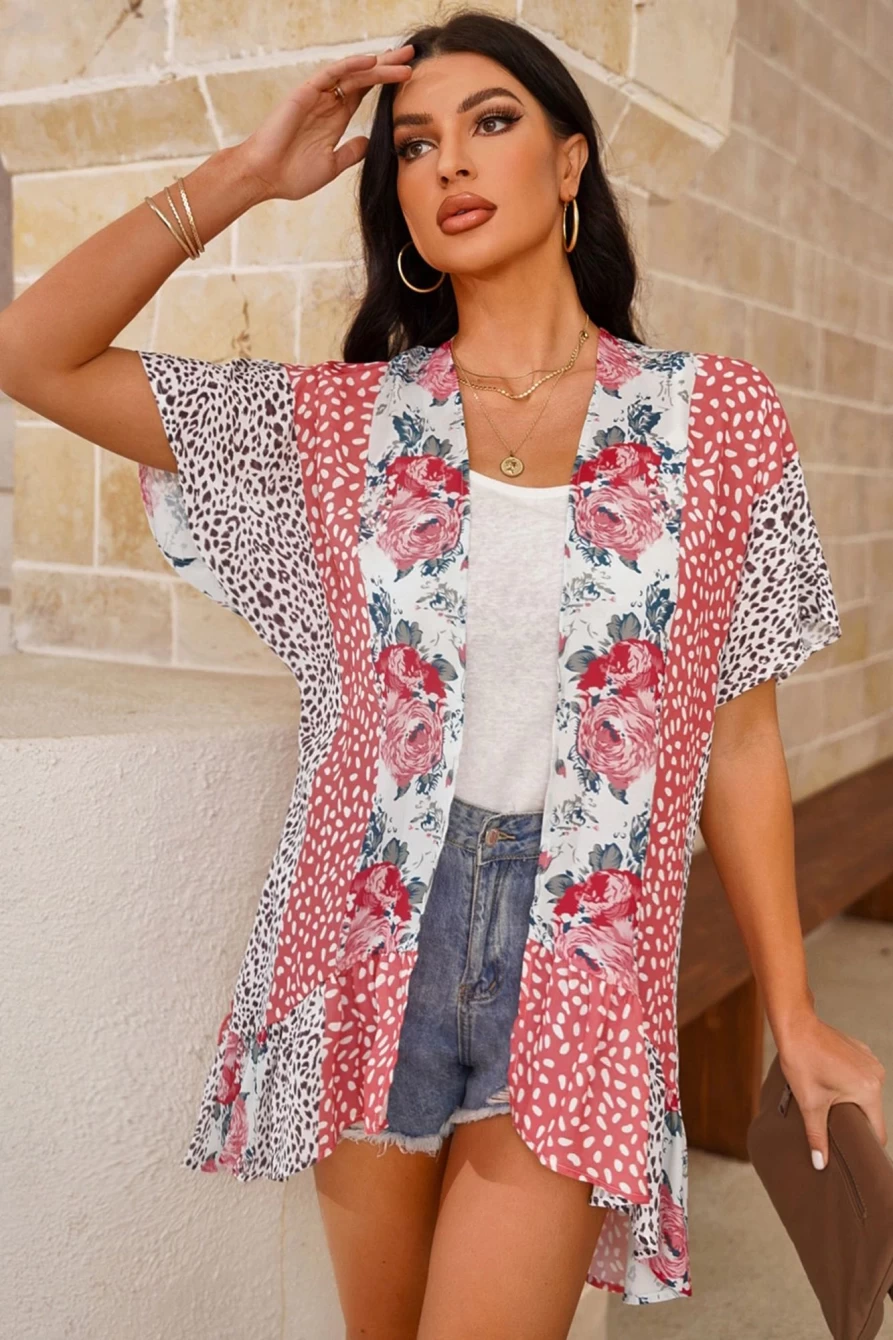 Shewin Women's Pink Wild Rose Bohemian Floral Print Kimono Cover Up Beach Loungewear