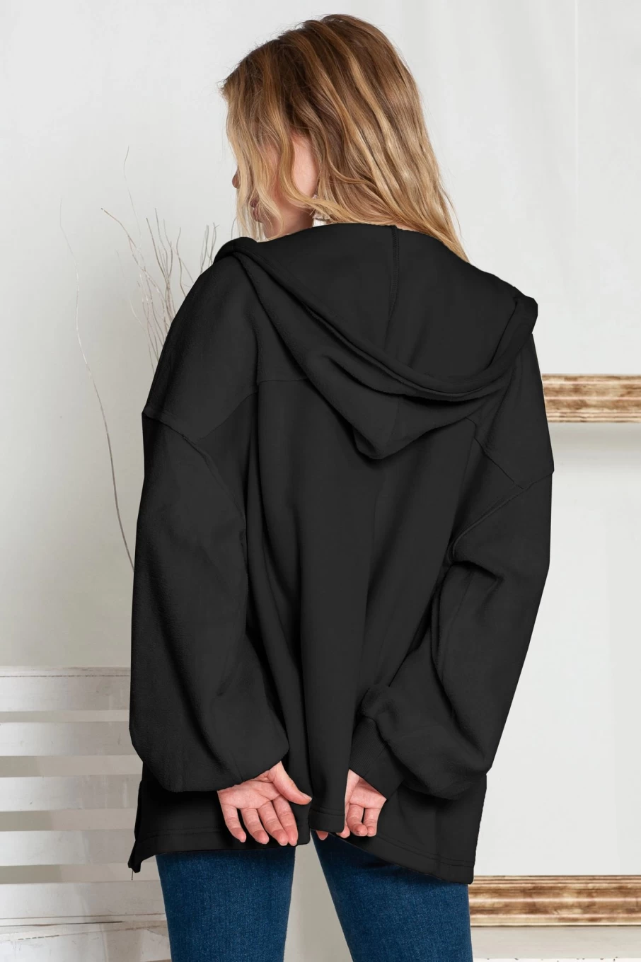 Shewin Women's Black Bishop Sleeve Zip Up Hoodie Jacket with Flap Pockets