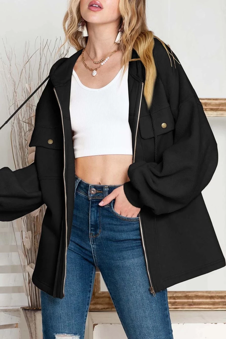 Shewin Women's Black Bishop Sleeve Zip Up Hoodie Jacket with Flap Pockets